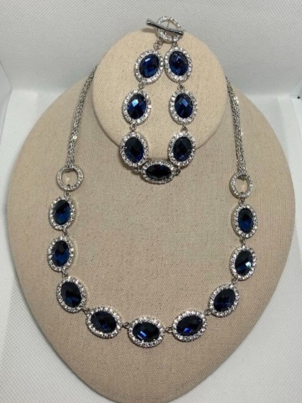 Large Faux Sapphire Necklace And Bracelet Set Cubic Zirconia Stunning Formal